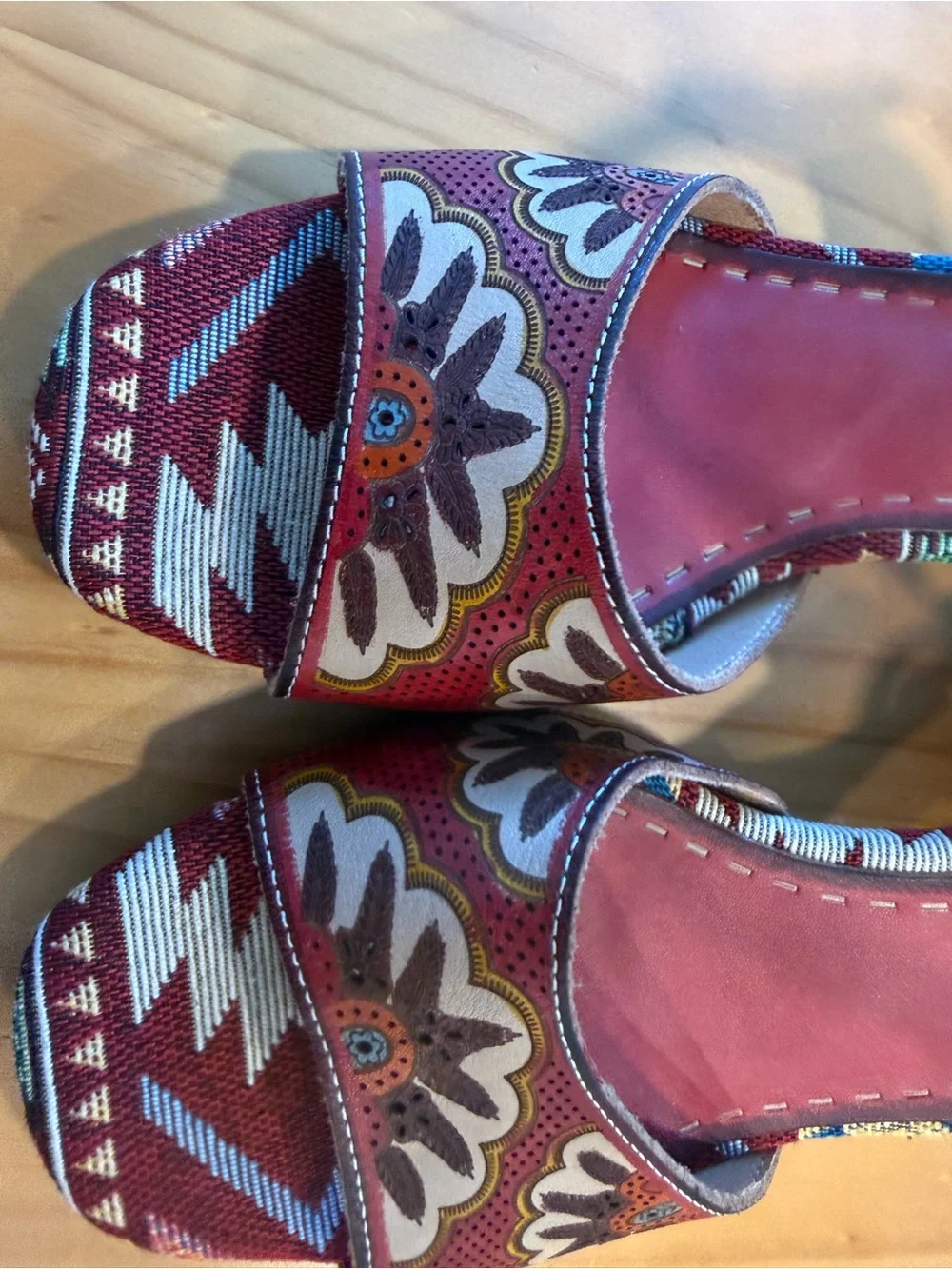 Artisanal Red Patterned Women's Ankle-Strap Sandals by ARTISTE